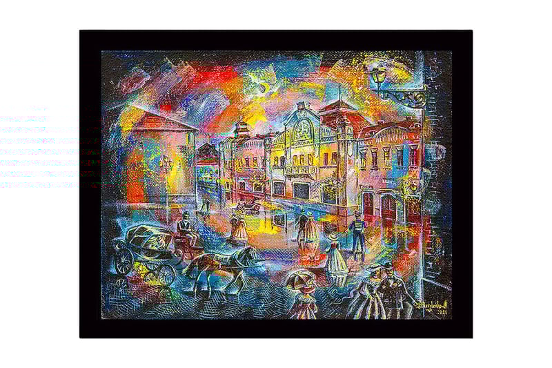 Innrammet lerret i tre - 41x56 cm - Livlig bybilde med mennesker i historiske klær og hestevogner, Blå / Rød / Gul