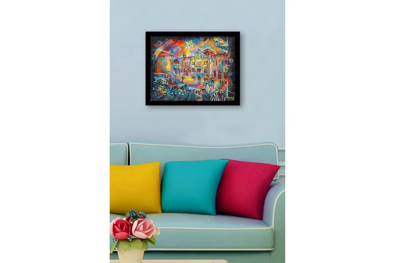 Innrammet lerret i tre - 41x56 cm - Livlig bybilde med mennesker i historiske klær og hestevogner - Blå / Rød / Gul - Innredning - Bilder & kunst