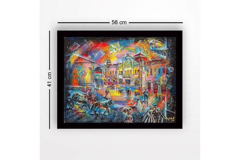 Innrammet lerret i tre - 41x56 cm - Livlig bybilde med mennesker i historiske klær og hestevogner - Blå / Rød / Gul - Innredning - Bilder & kunst