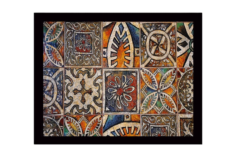 Innrammet lerret i tre - 41x56 cm - Mønstret flis med geometriske og blomstermotiver - Oransje / Blå / Beige - Innredning - Bilder & kunst
