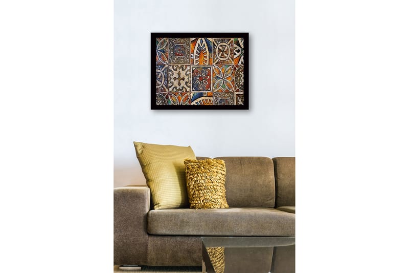 Innrammet lerret i tre - 41x56 cm - Mønstret flis med geometriske og blomstermotiver - Oransje / Blå / Beige - Innredning - Bilder & kunst