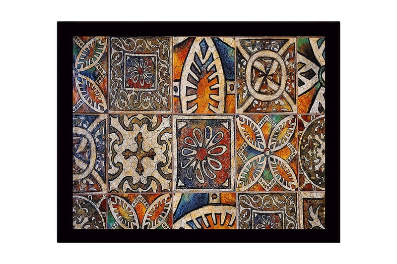 Innrammet lerret i tre - 41x56 cm - Mønstret flis med geometriske og blomstermotiver - Oransje / Blå / Beige - Innredning - Bilder & kunst