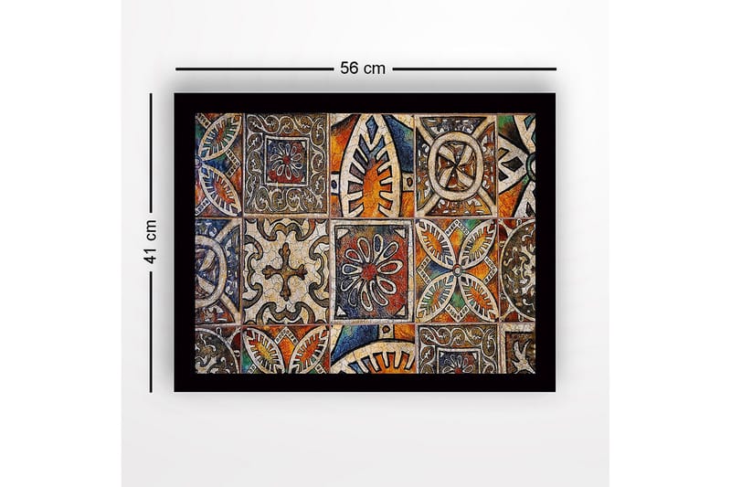 Innrammet lerret i tre - 41x56 cm - Mønstret flis med geometriske og blomstermotiver - Oransje / Blå / Beige - Innredning - Bilder & kunst