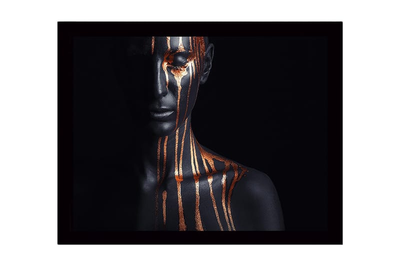 Innrammet lerret i tre - 41x56 cm - Mørk figur med gullstriper som renner nedover ansiktet og kroppen - Svart / Gull - Innredning - Bilder & kunst