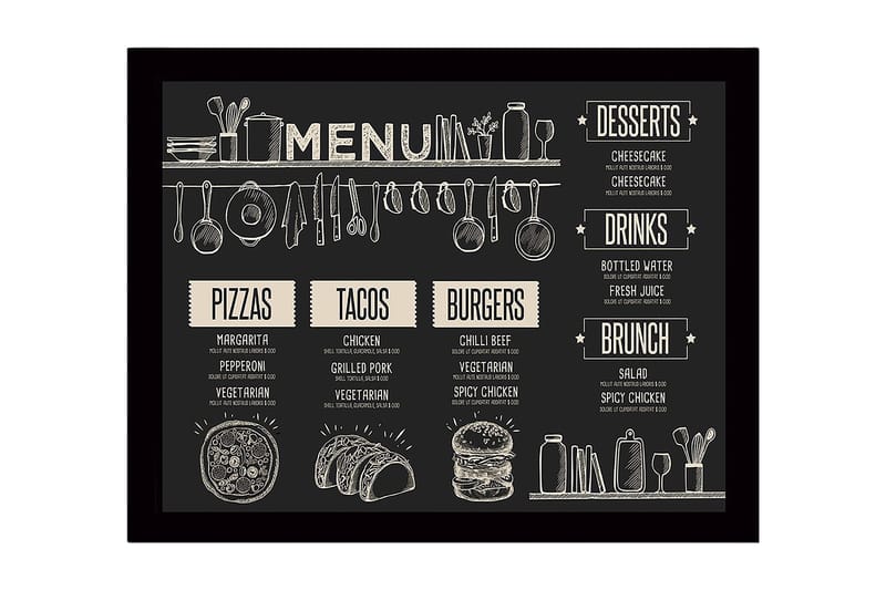 Innrammet lerret i tre - 41x56 cm - Meny med mat og drikke i skisseaktig stil, Svart / Beige