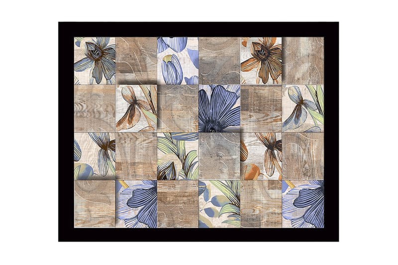 Innrammet lerret i tre - 41x56 cm - Mosaikk av blomster i forskjellige farger og former, Beige / Blå / Brun