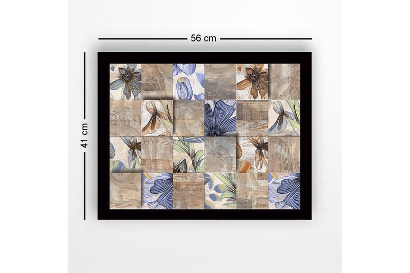 Innrammet lerret i tre - 41x56 cm - Mosaikk av blomster i forskjellige farger og former - Beige / Blå / Brun - Innredning - Bilder & kunst