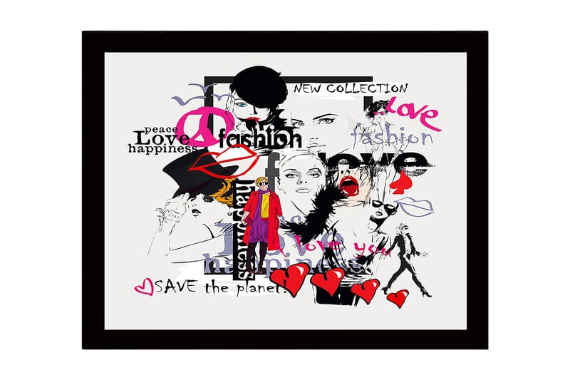 Innrammet lerret i tre - 41x56 cm - Moteinspirert kollasj med uttrykk for kjærlighet og fred - Rosa / Svart / Rød - Innredning - Bilder & kunst