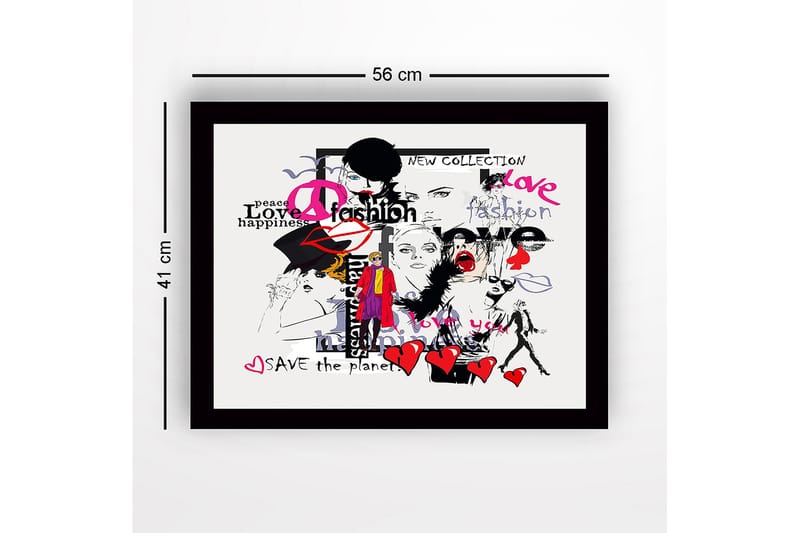 Innrammet lerret i tre - 41x56 cm - Moteinspirert kollasj med uttrykk for kjærlighet og fred - Rosa / Svart / Rød - Innredning - Bilder & kunst