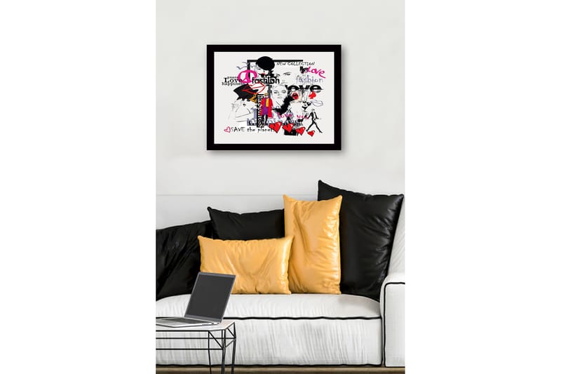 Innrammet lerret i tre - 41x56 cm - Moteinspirert kollasj med uttrykk for kjærlighet og fred - Rosa / Svart / Rød - Innredning - Bilder & kunst