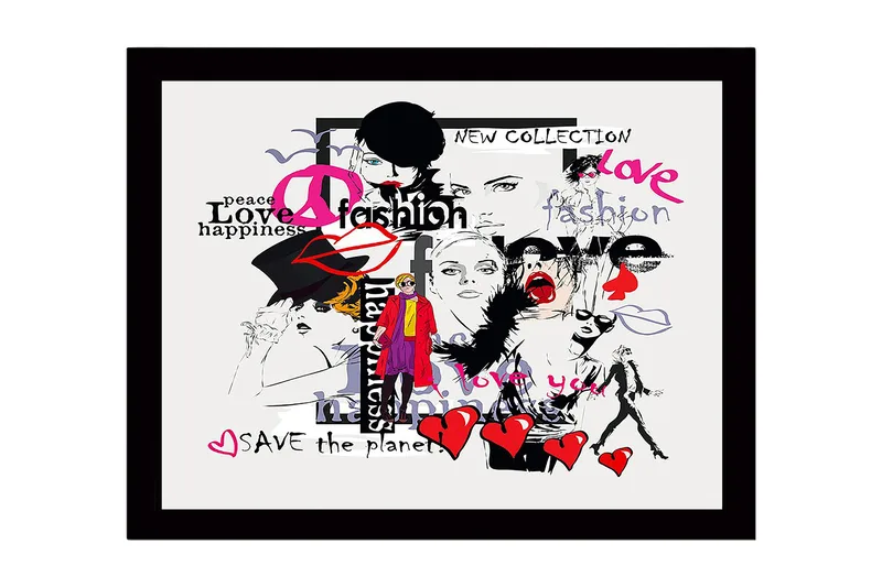 Innrammet lerret i tre - 41x56 cm - Moteinspirert kollasj med uttrykk for kjærlighet og fred - Rosa / Svart / Rød - Innredning - Bilder & kunst