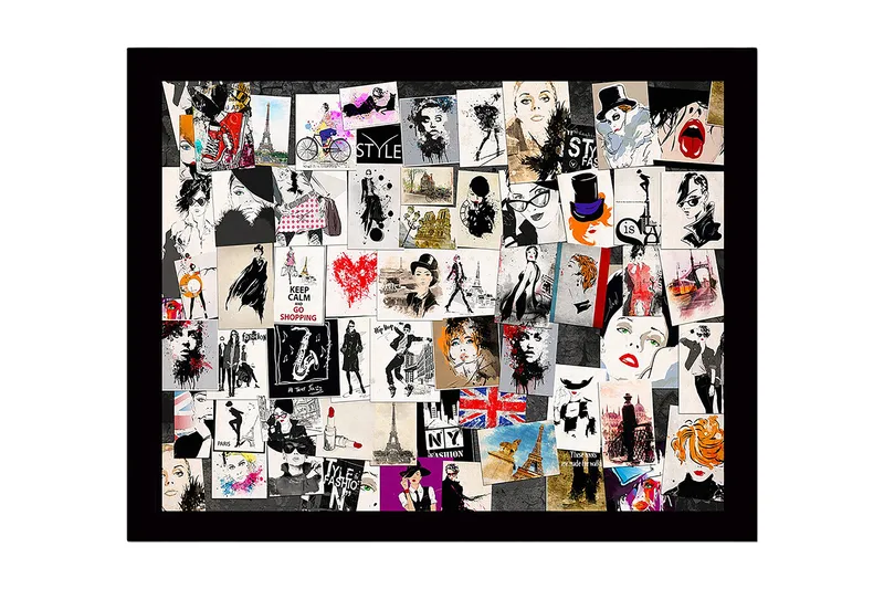 Innrammet lerret i tre - 41x56 cm - Moteinspirerte kollasjer med stilige silhuetter og ikoniske landemerker - Svart / Rød / Beige - Innredning - Bilder & kunst