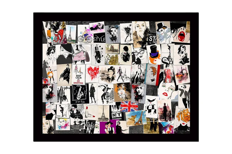 Innrammet lerret i tre - 41x56 cm - Moteinspirerte kollasjer med stilige silhuetter og ikoniske landemerker - Svart / Rød / Beige - Innredning - Bilder & kunst