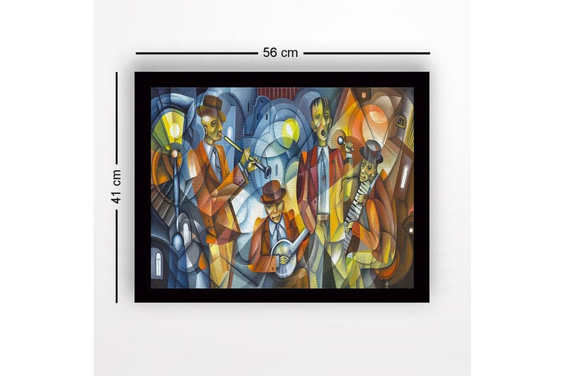 Innrammet lerret i tre - 41x56 cm - Musikalsk opptreden med fire musikere i fargerike klær - Mørk blå / Oransje / Gul - Innredning - Bilder & kunst