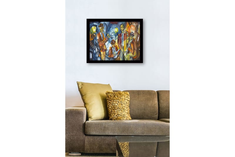 Innrammet lerret i tre - 41x56 cm - Musikalsk opptreden med fire musikere i fargerike klær - Mørk blå / Oransje / Gul - Innredning - Bilder & kunst