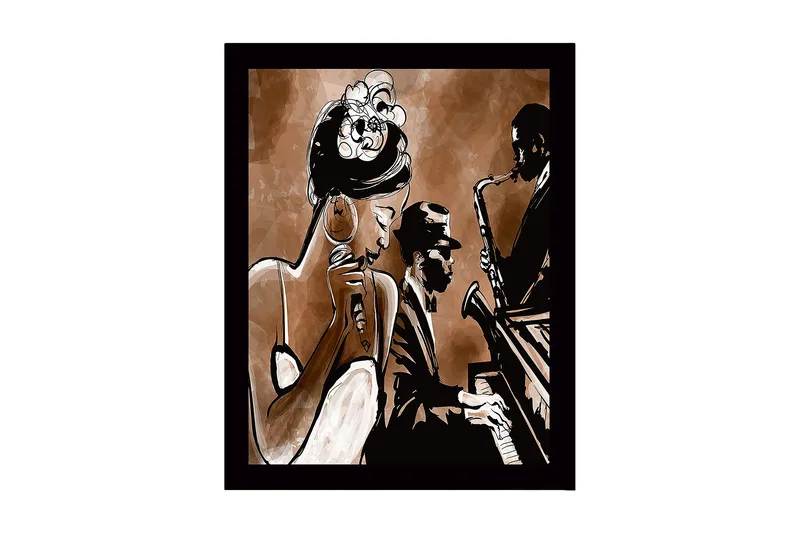Innrammet lerret i tre - 41x56 cm - Musikalsk opptreden med sanger og musiker, Mørk brun / Beige / Svart