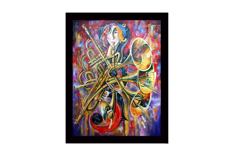 Innrammet lerret i tre - 41x56 cm - Musikalsk uttrykk med instrumenter og abstrakte former - Gull / Rød / Blå - Innredning - Bilder & kunst