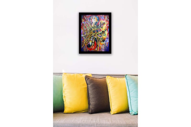 Innrammet lerret i tre - 41x56 cm - Musikalsk uttrykk med instrumenter og abstrakte former - Gull / Rød / Blå - Innredning - Bilder & kunst