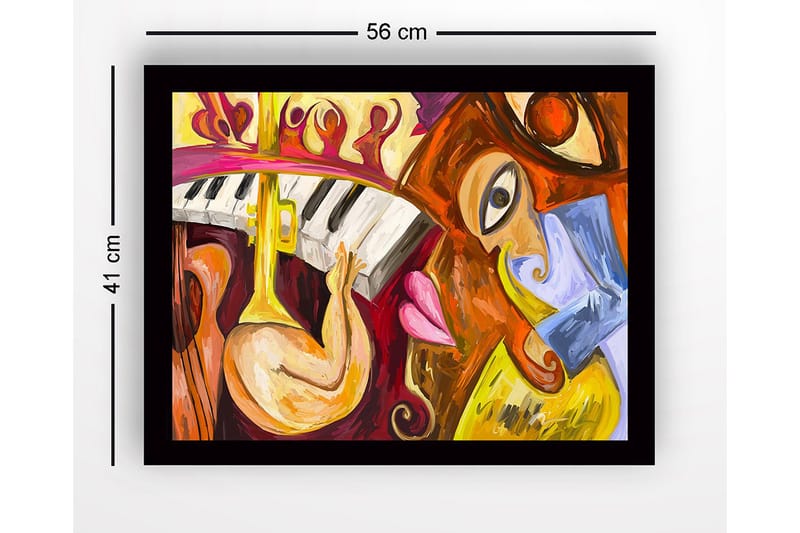 Innrammet lerret i tre - 41x56 cm - Musikalsk uttrykk med instrumenter og ansikter - Gul / Rød / Brun - Innredning - Bilder & kunst