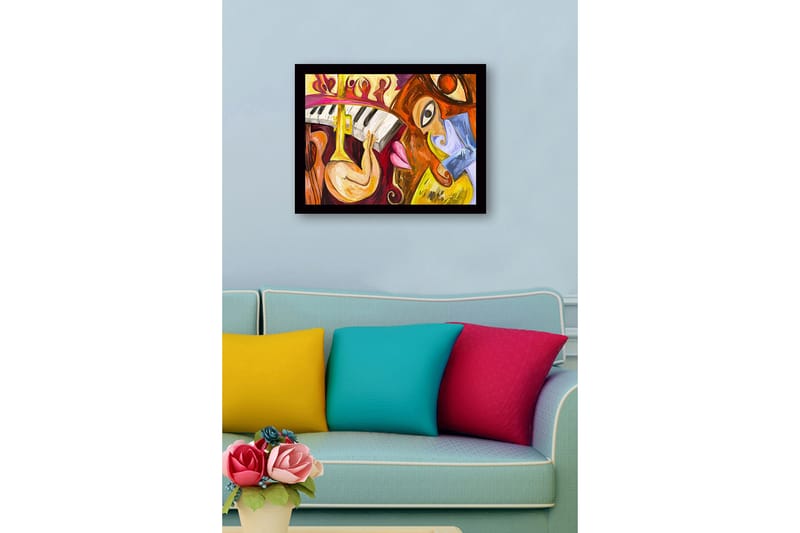 Innrammet lerret i tre - 41x56 cm - Musikalsk uttrykk med instrumenter og ansikter - Gul / Rød / Brun - Innredning - Bilder & kunst