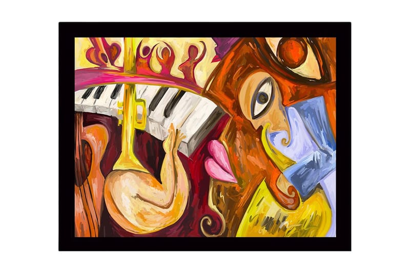 Innrammet lerret i tre - 41x56 cm - Musikalsk uttrykk med instrumenter og ansikter, Gul / Rød / Brun