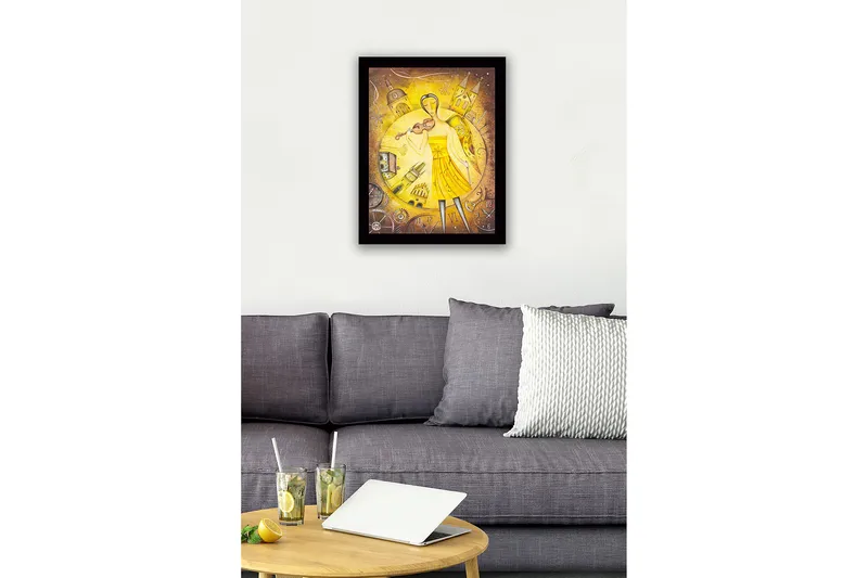 Innrammet lerret i tre - 41x56 cm - Musiker med fiolin i et gyllent miljø - Gull / Gul / Brun - Innredning - Bilder & kunst