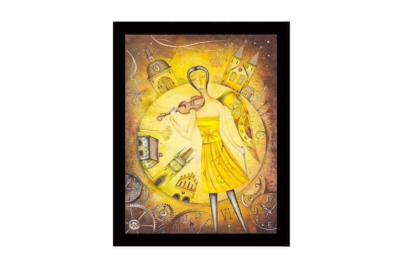 Innrammet lerret i tre - 41x56 cm - Musiker med fiolin i et gyllent miljø, Gull / Gul / Brun