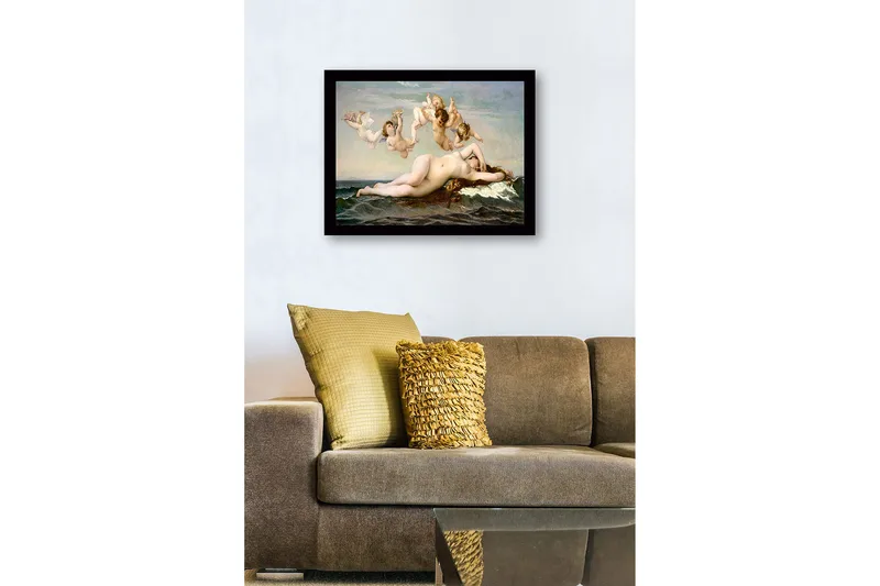 Innrammet lerret i tre - 41x56 cm - Naken kvinne hviler på havets bølger omgitt av engler - Hudtone / Himmelblå / Sjøgrønn - Innredning - Bilder & kunst