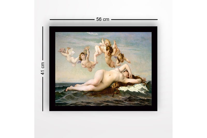 Innrammet lerret i tre - 41x56 cm - Naken kvinne hviler på havets bølger omgitt av engler - Hudtone / Himmelblå / Sjøgrønn - Innredning - Bilder & kunst