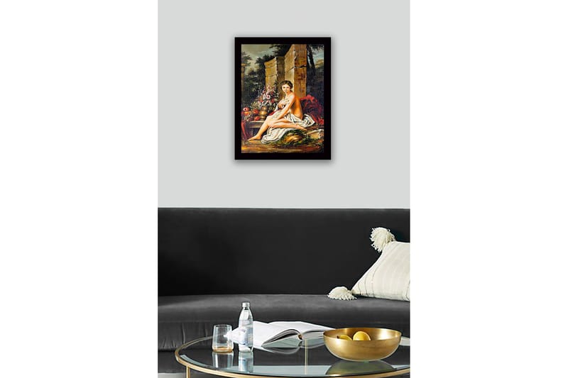 Innrammet lerret i tre - 41x56 cm - Naken kvinne sittende med blomster og frukt i naturskjønne omgivelser - Hudtone / Grønn / Rød - Innredning - Bilder & kunst