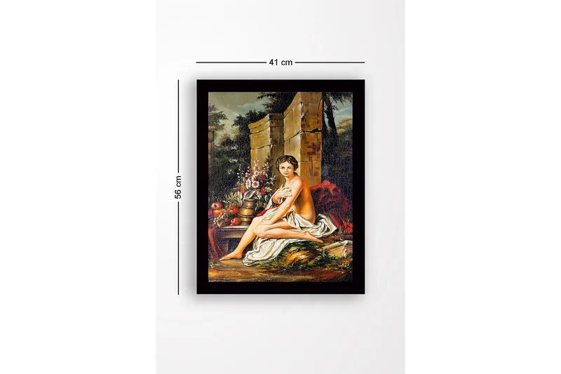 Innrammet lerret i tre - 41x56 cm - Naken kvinne sittende med blomster og frukt i naturskjønne omgivelser - Hudtone / Grønn / Rød - Innredning - Bilder & kunst