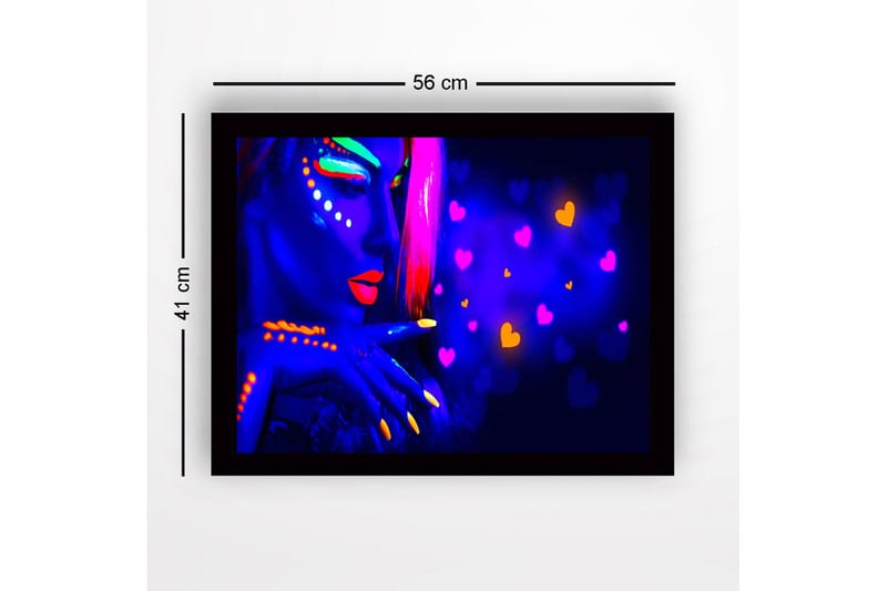 Innrammet lerret i tre - 41x56 cm - Neonfarget portrett av en kvinne med sterke ansiktsmalerier - Blå / Neonoransje / Rosa - Innredning - Bilder & kunst