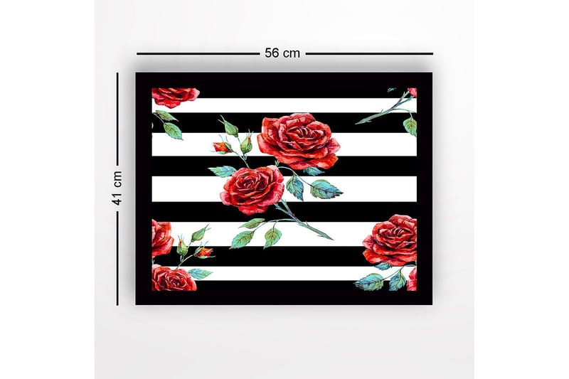 Innrammet lerret i tre - 41x56 cm - Røde roser mot svarte og hvite striper - Rød / Grønn / Svart - Innredning - Bilder & kunst