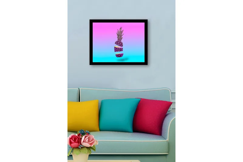 Innrammet lerret i tre - 41x56 cm - Skiver av ananas i en surrealistisk komposisjon - Lilla / Rosa / Turkis - Innredning - Bilder & kunst