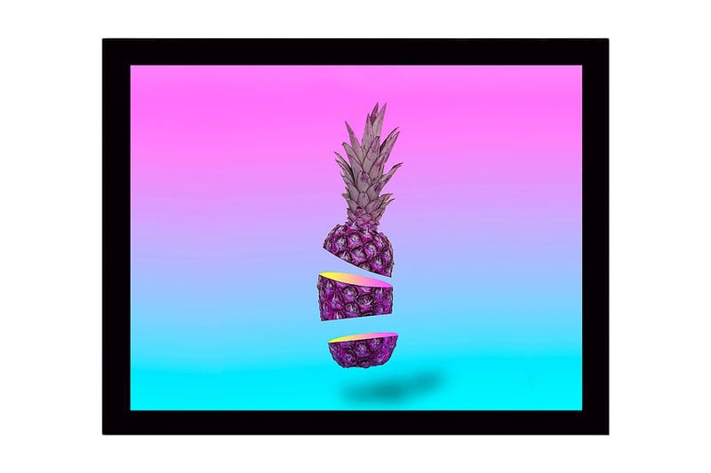 Innrammet lerret i tre - 41x56 cm - Skiver av ananas i en surrealistisk komposisjon - Lilla / Rosa / Turkis - Innredning - Bilder & kunst