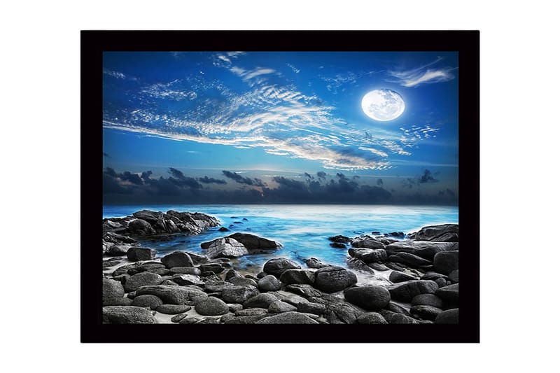 Innrammet lerret i tre - 41x56 cm - Stemningsfullt sjølandskap med måne og steiner, Blå / Grå / Hvit