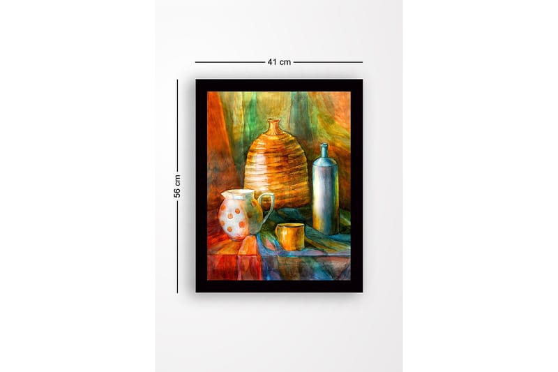 Innrammet lerret i tre - 41x56 cm - Stilleben med keramikk og glassflasker - Oransje / Grønn / Blå - Innredning - Bilder & kunst