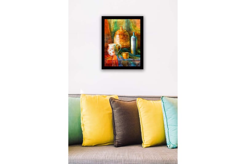 Innrammet lerret i tre - 41x56 cm - Stilleben med keramikk og glassflasker - Oransje / Grønn / Blå - Innredning - Bilder & kunst