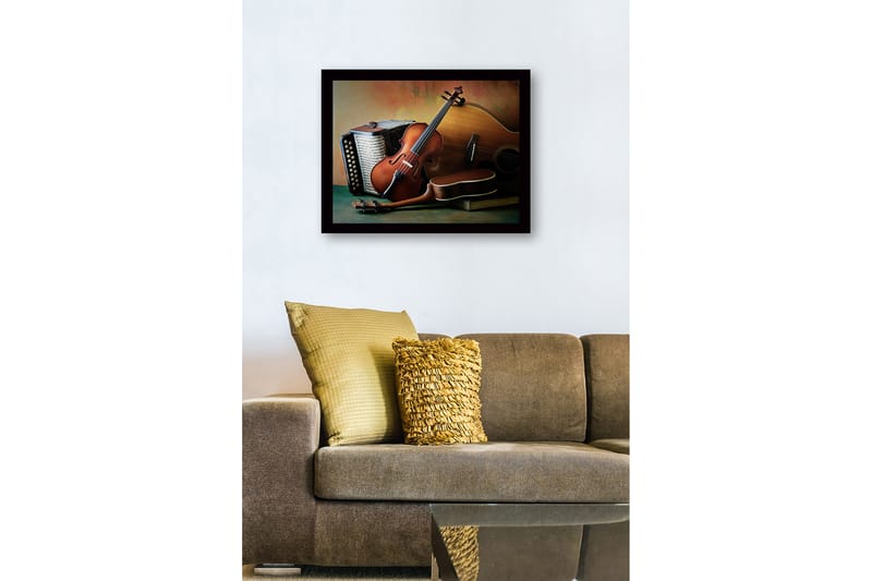 Innrammet lerret i tre - 41x56 cm - Stillhet med musikkinstrumenter i fokus - Brun / Beige / Grønn - Innredning - Bilder & kunst