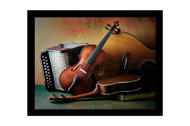 Innrammet lerret i tre - 41x56 cm - Stillhet med musikkinstrumenter i fokus, Brun / Beige / Grønn
