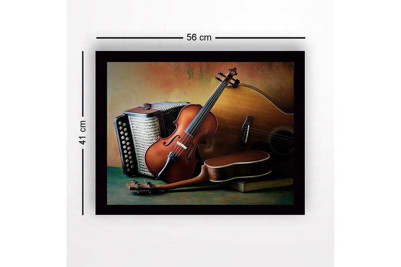 Innrammet lerret i tre - 41x56 cm - Stillhet med musikkinstrumenter i fokus - Brun / Beige / Grønn - Innredning - Bilder & kunst