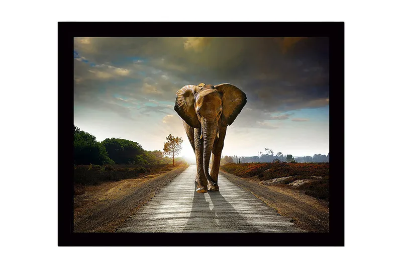Innrammet lerret i tre - 41x56 cm - Storslått elefant som går langs en vei i et dramatisk landskap, Grå / Brun / Grønn