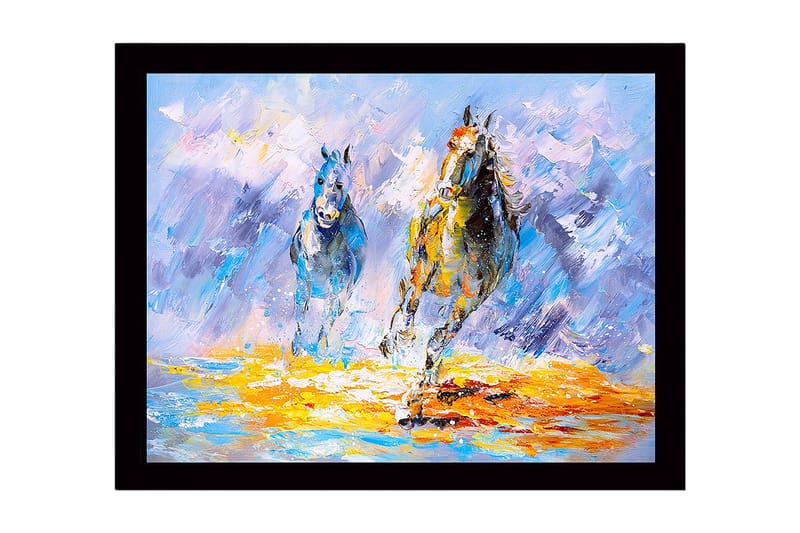Innrammet lerret i tre - 41x56 cm - To hester galopperer fremover i en fargerik og dynamisk komposisjon - Blå / Oransje / Hvit - Innredning - Bilder & kunst