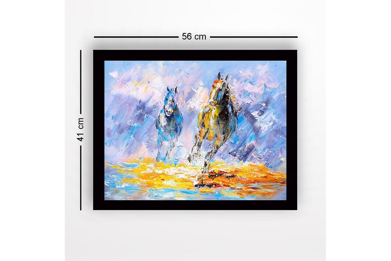 Innrammet lerret i tre - 41x56 cm - To hester galopperer fremover i en fargerik og dynamisk komposisjon - Blå / Oransje / Hvit - Innredning - Bilder & kunst