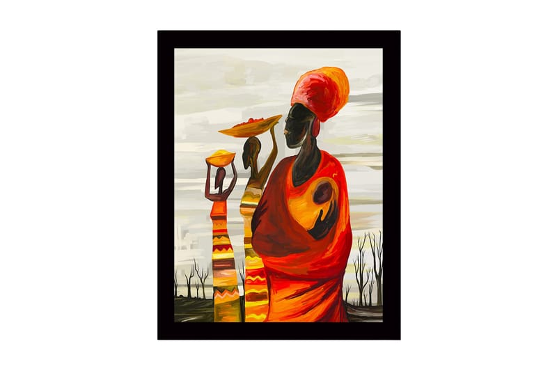 Innrammet lerret i tre - 41x56 cm - Tre kvinner som bærer boller og barn i en fargerik og uttrykksfull komposisjon, Rød / Oransje / Gul