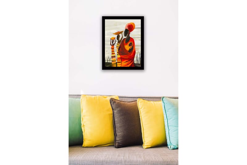 Innrammet lerret i tre - 41x56 cm - Tre kvinner som bærer boller og barn i en fargerik og uttrykksfull komposisjon - Rød / Oransje / Gul - Innredning - Bilder & kunst