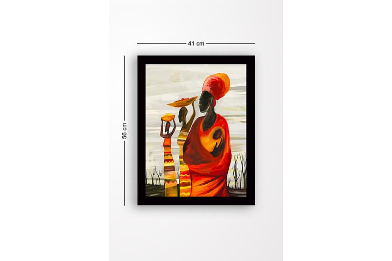 Innrammet lerret i tre - 41x56 cm - Tre kvinner som bærer boller og barn i en fargerik og uttrykksfull komposisjon - Rød / Oransje / Gul - Innredning - Bilder & kunst
