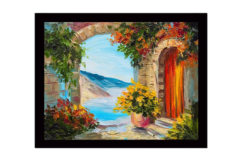 Innrammet lerret i tre - 41x56 cm - Utsikt gjennom en steinbue med blomster og hav i bakgrunnen - Grønn / Blå / Oransje - Innredning - Bilder & kunst