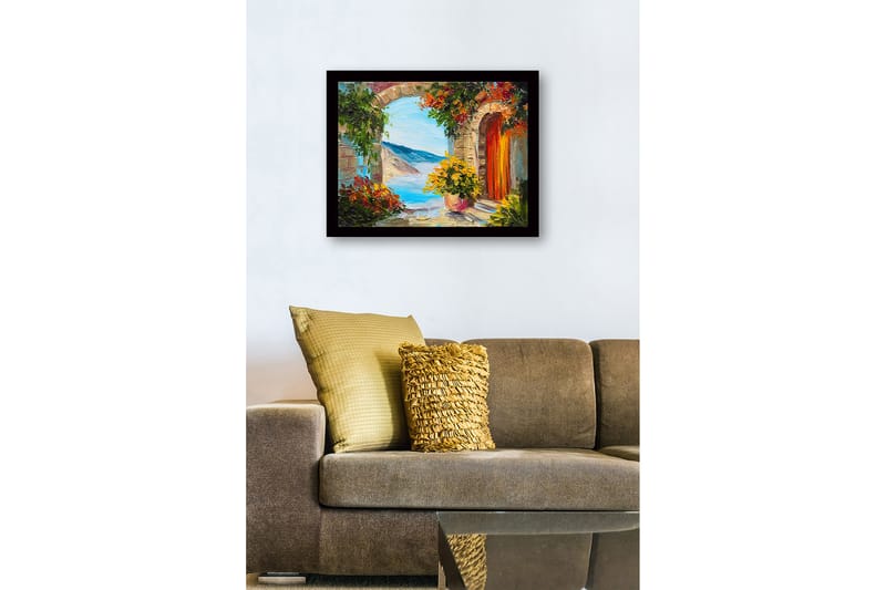 Innrammet lerret i tre - 41x56 cm - Utsikt gjennom en steinbue med blomster og hav i bakgrunnen - Grønn / Blå / Oransje - Innredning - Bilder & kunst