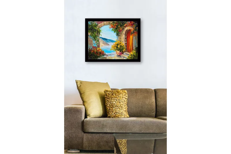 Innrammet lerret i tre - 41x56 cm - Utsikt gjennom en steinbue med blomster og hav i bakgrunnen - Grønn / Blå / Oransje - Innredning - Bilder & kunst